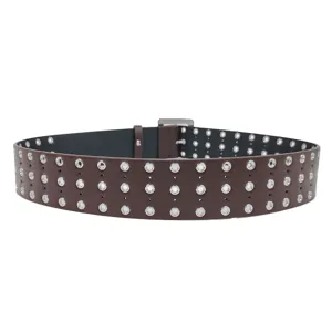 Wide brown leather waist belt for women with three rows of silver metal eyelets