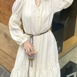 Handmade bohemian brown braided waist chain with yellow wooden beads for summer dresses