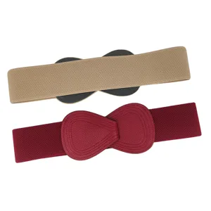 Set of two wide elastic waist belts in burgundy and beige featuring butterfly faux leather buckles