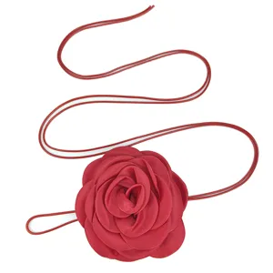 Elegant red large fabric rose flower thin belt with long cord for women's dresses
