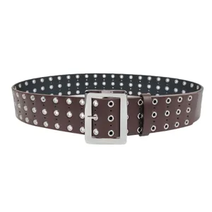 Stylish women's brown belt with three rows of silver eyelets and a wide buckle.