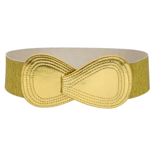 Gold elastic wide waist belt for women, stylish stretch cincher for dresses and coats