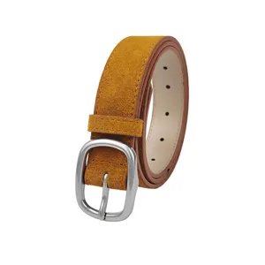 Mustard yellow suede leather belt for women with elegant silver buckle for jeans and skirts