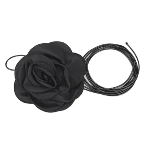 Elegant black fabric rose belt with long thin adjustable cord for women skirt decoration.