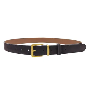 Frosted suede leather belt for women featuring a gold-toned metal pin buckle on white