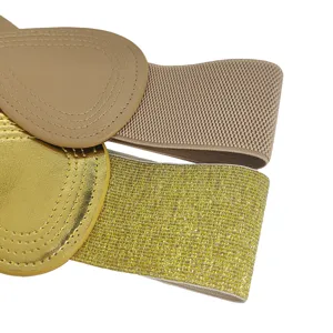 Set of two elastic waist belts for women in matte tan and metallic gold glitter textures