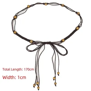 Bohemian ethnic style braided waist chain belt with vintage wooden beads decoration