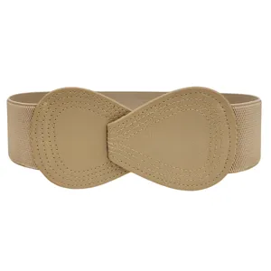 Beige women's wide elastic cinch belt with faux leather buckle for coats and dresses