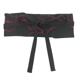 Women Vintage Chinese Style Embroidered Waist Cinch Belt Fabric Lace-up Corset Belt For Hanfu Dress Decor Black Red