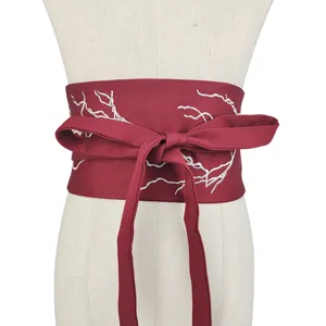 Elegant wine red embroidered fabric corset belt with white branch pattern for Hanfu