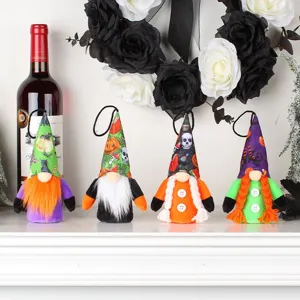 Set of 4 cute Halloween faceless gnomes with light-up feature for festive hanging decor