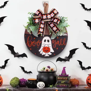 Halloween Plaque en Bois Fantôme Citrouille Rond Suspendu de Porte Nœud Plaid Fausses Plantes Vertes Couronne Murale Fête Maison