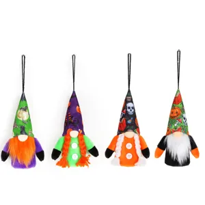 Set of four cute Halloween gnome hanging ornaments with festive pumpkin and skull patterns