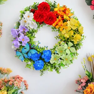 Spring Rainbow Artificial Flower Wreath Floral Door Hanging Decoration With Butterfly For Home Wedding Party Wall Decor