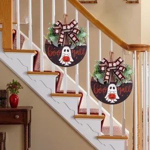 Plaque de porte festive en bois fantôme d'Halloween avec texte Boo Yall et citrouille