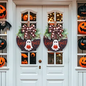 Plaque de porte Halloween en bois avec fantôme décoratif, texte boo yall et ruban orange