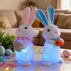 Pareja de peluches de conejo de Pascua con luces LED y orejas de colores rosa y azul
