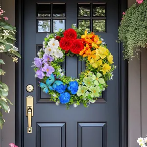 Vibrant rainbow artificial floral wreath for spring front door decoration and party setup