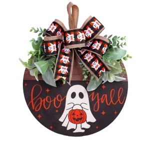 Décoration de porte d'Halloween en bois avec fantôme, citrouille et texte Boo Yall