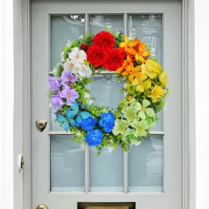 Vibrant rainbow artificial flower wreath for front door spring and party decoration