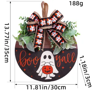 Decorative Halloween ghost wooden door sign with pumpkin and plaid ribbon, 30cm round plaque