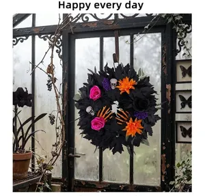 Ghirlanda di fiori artificiali con foglie nere di Halloween per decorazione porta.