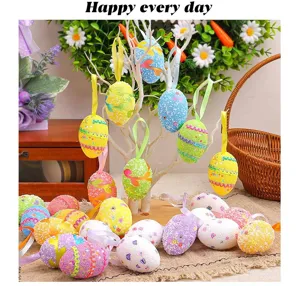 Vista detallada de huevos de Pascua de espuma con cintas para decoración de fiestas