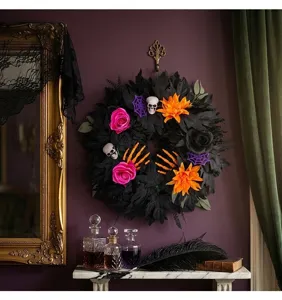 Ghirlanda di foglie nere di Halloween con teschi rose decorazione porta gotica