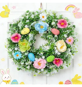 Detaillierte Nahaufnahme eines künstlichen Osterkranzes mit bunten Eiern und Blumen