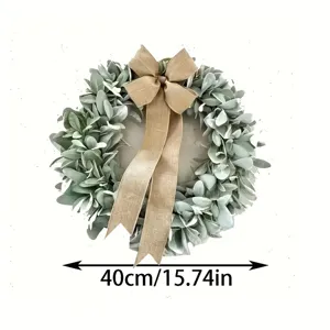 Artificial green lamb's ear wreath with burlap bow, 40cm diameter product size detail
