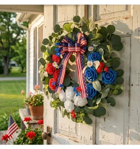 Patriotic Independence Day wreath with red, white, and blue flowers on a white door.