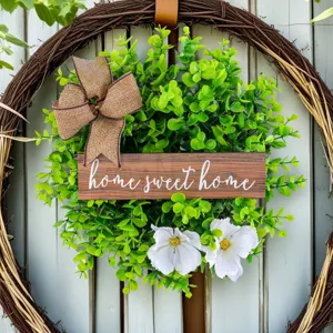 Rustic faux Eucalyptus leaf wreath with burlap bow and wood Home Sweet Home sign decoration