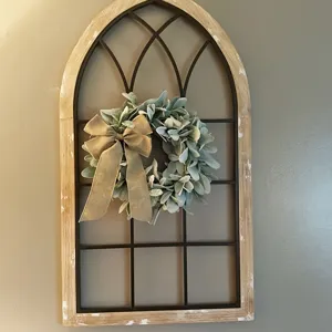 Arched wooden window frame wall decor with artificial lamb's ear wreath and large bow