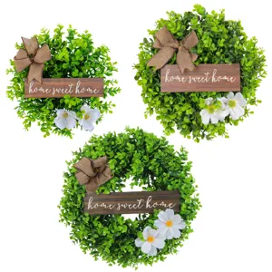 Set of 3 artificial eucalyptus wreaths with burlap bows and home sweet home signs