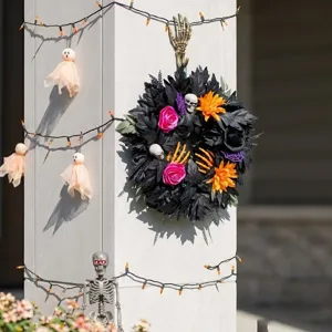 Ghirlanda di Halloween con foglie nere teschi e rose decorazione porta spaventosa 1pz