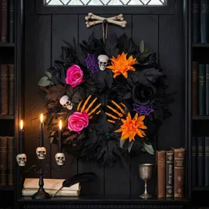 Ghirlanda di Halloween con foglie nere teschi e rose decorazione per porta gotica