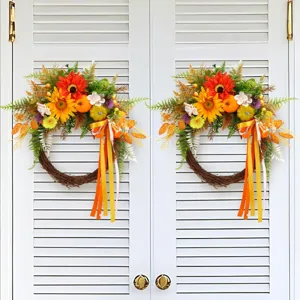 Kunstmatige herfst zonnebloem krans met pompoenen voor herfst huis deur muur decoratie
