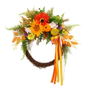 Herfst kunstmatige zonnebloem krans met pompoenen en bessen voor deur wand decor
