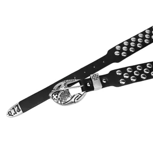 Punk leather belt with 3D eagle head buckle and vintage silver rivets for men and women