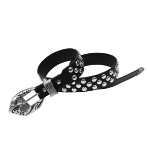 Retro punk street style belt with embossed eagle head buckle and silver metal rivets