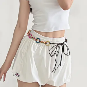 Vintage Y2K Boho Woven Bead Waist Rope Belt For Women Ethnic Colorful Beaded Waist Chain Dress Decoration Accessories Adjustable Waist Belt