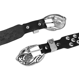 Punk style black leather belt featuring an eagle head buckle and silver rivets