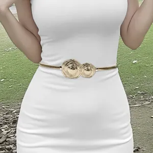 Dames Elastische Metalen Veer Taille Riem Elegante Roos Bloem Blad Goud Zilver Jurk Decoratieve Tailleketting