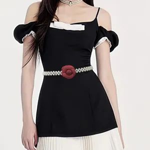 French Camellia Artificial Pearl Elastic Waist Chain For Women Sweet Decorative Cinch Belt For Dress Elegant High-End Jewelry Accessory