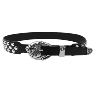 Vintage punk style black leather belt with 3D eagle head buckle and silver rivets