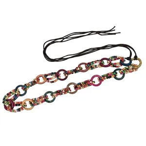 Vintage ethnic style beaded waist belt with colorful rings and braided tassels for dresses