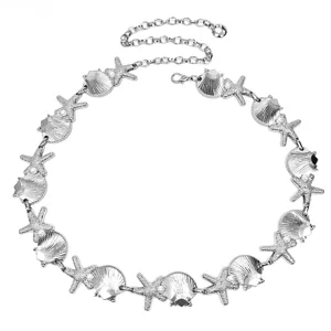 Elegant silver starfish and shell metal waist chain belt for women's dress and pants decor