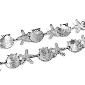 Elegant silver metal waist chain belt with starfish and seashell charms for women's dresses