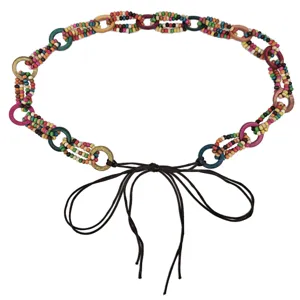 Vintage bohemian beaded waist rope belt with colorful wooden beads and cord tie