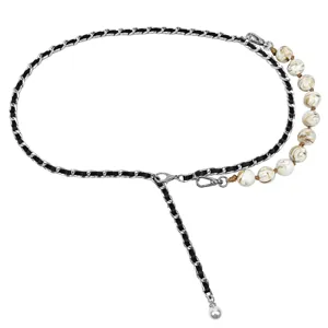 Elegant silver metal chain belt with black woven leather and marble beads for dresses